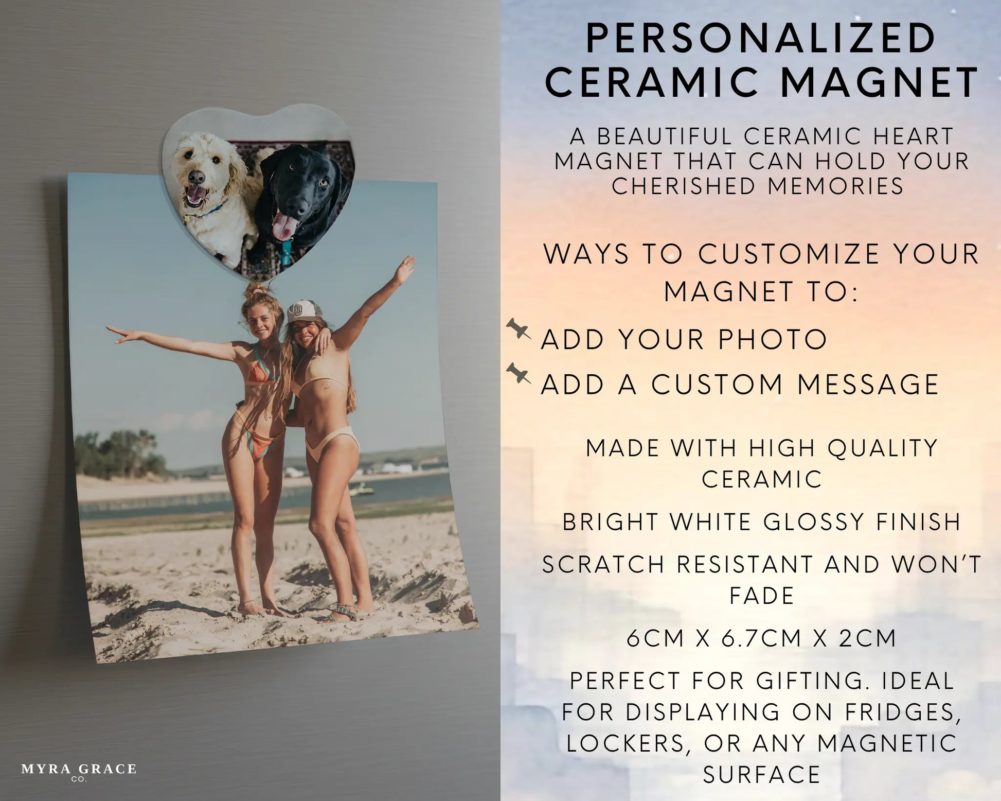 Heart-shaped custom dog ceramic photo magnet on fridge – handmade personalized gift or Christmas fridge magnet. Infographic