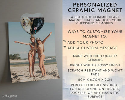 Heart-shaped custom dog ceramic photo magnet on fridge – handmade personalized gift or Christmas fridge magnet. Infographic