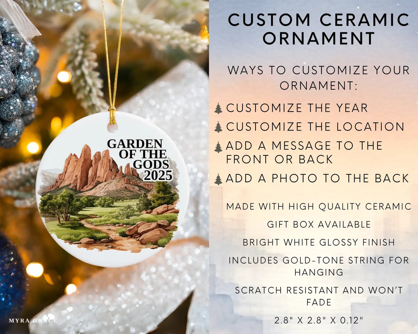 Custom Garden of the Gods Colorado Springs ceramic photo ornament with personalized message – handmade Christmas bauble, gift souvenir, or vacation keepsake.  infographic