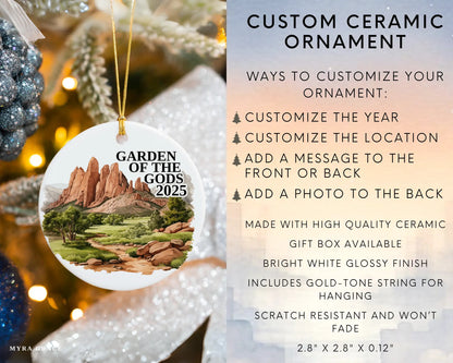 Custom Garden of the Gods Colorado Springs ceramic photo ornament with personalized message – handmade Christmas bauble, gift souvenir, or vacation keepsake.  infographic