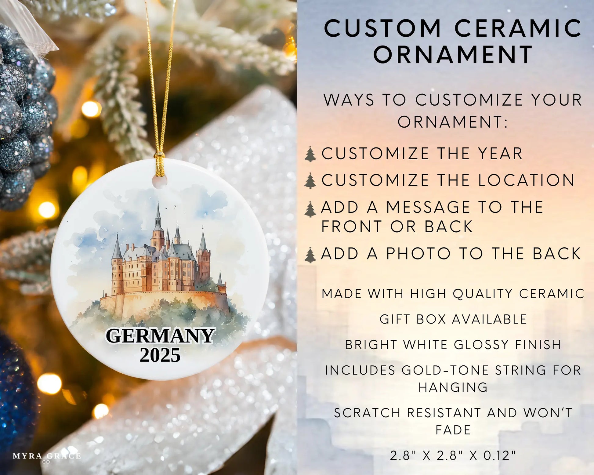 Custom Germany ceramic photo ornament with personalized message – handmade Christmas bauble, gift souvenir, or vacation keepsake.  infographic
