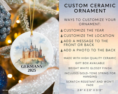 Custom Germany ceramic photo ornament with personalized message – handmade Christmas bauble, gift souvenir, or vacation keepsake.  infographic