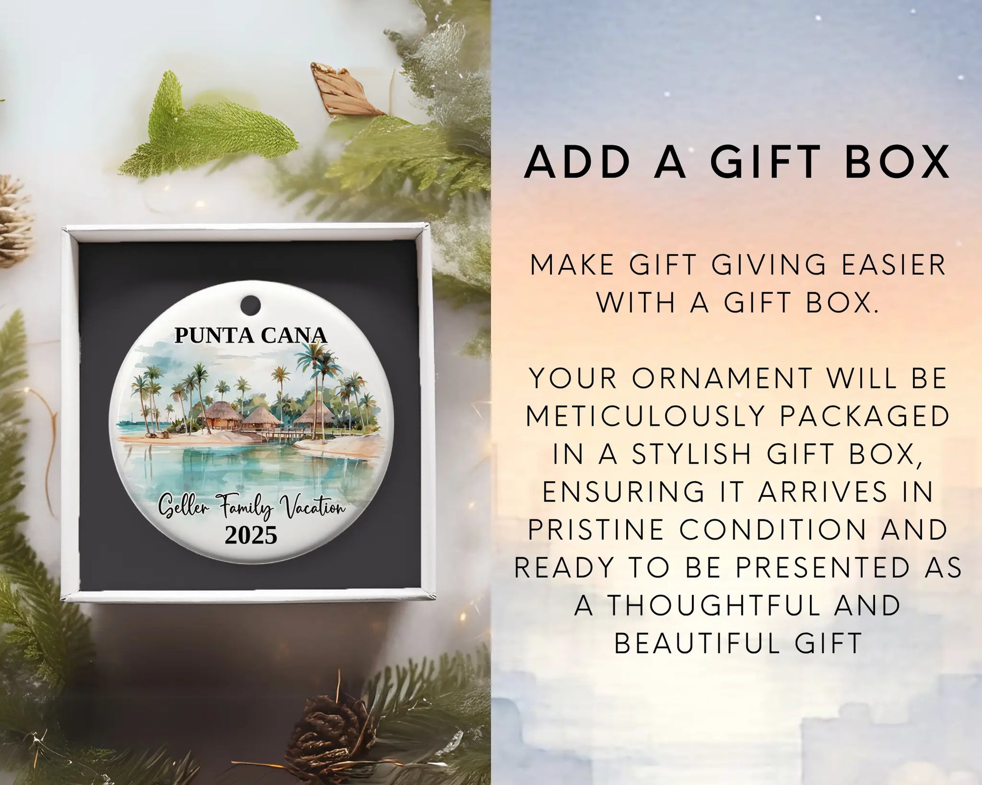 Custom vacation Punta Cana ceramic photo ornament with personalized message – handmade Christmas bauble, gift souvenir, or vacation keepsake. Add gift box