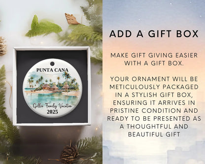 Custom vacation Punta Cana ceramic photo ornament with personalized message – handmade Christmas bauble, gift souvenir, or vacation keepsake. Add gift box