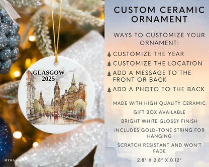 Custom Glasgow Scotland ceramic photo ornament with personalized message – handmade Christmas bauble, gift souvenir, or vacation keepsake.  infographic