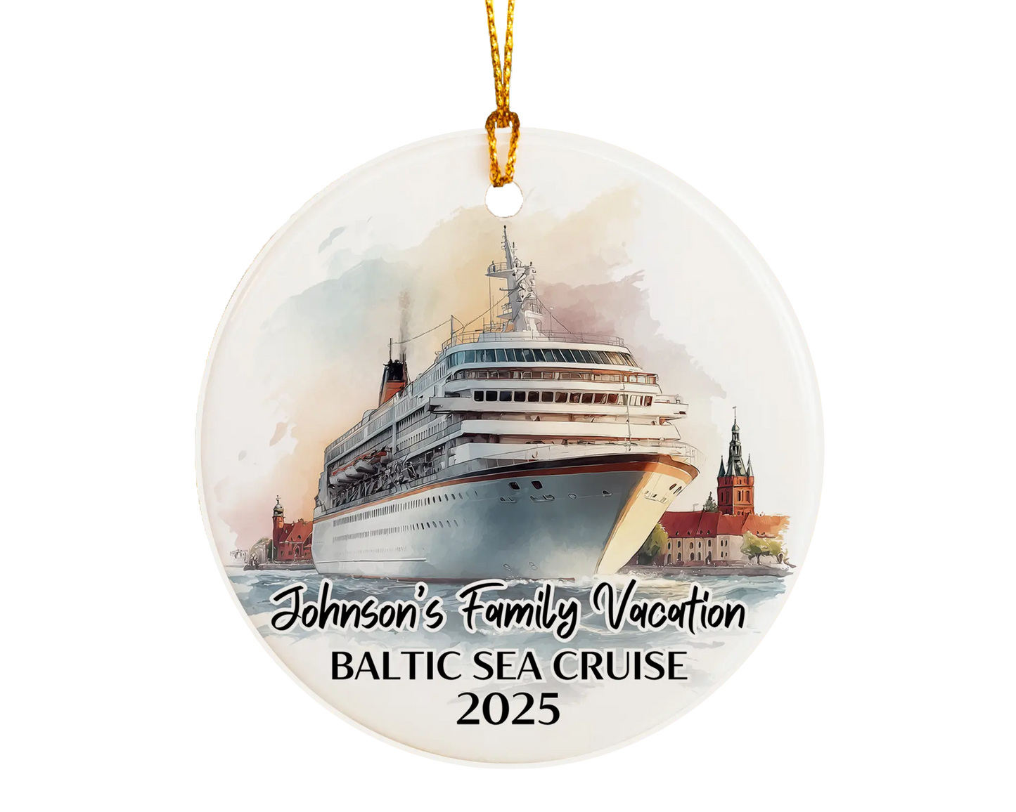 Handmade ceramic Baltic Sea cruise ornament with personalized location and photo – custom Christmas bauble or cruise vacation souvenir.