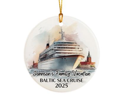 Handmade ceramic Baltic Sea cruise ornament with personalized location and photo – custom Christmas bauble or cruise vacation souvenir.