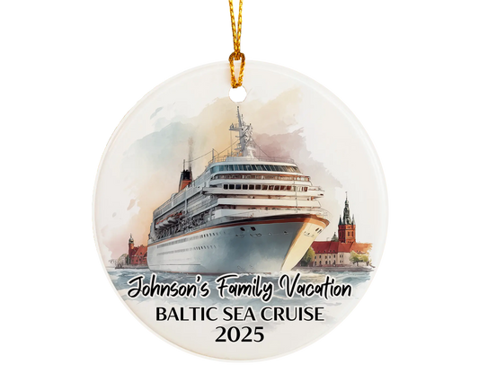Handmade ceramic Baltic Sea cruise ornament with personalized location and photo – custom Christmas bauble or cruise vacation souvenir.