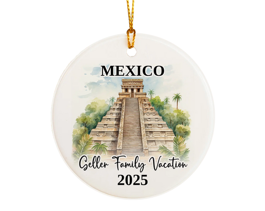 Custom vacation Mexico Pyramids ceramic photo ornament with personalized message – handmade Christmas bauble, gift souvenir, or vacation keepsake. 