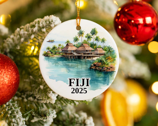 Custom Fiji ceramic photo ornament with personalized message – handmade Christmas bauble, gift souvenir, or vacation keepsake.  