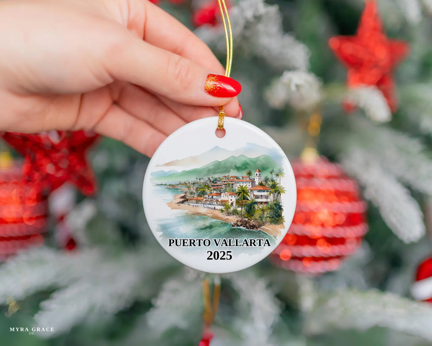 Custom Puerto Vallarta Mexico ceramic photo ornament with personalized message – handmade Christmas bauble, gift souvenir, or vacation keepsake.  