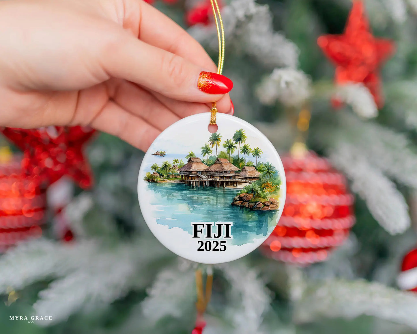Custom Fiji ceramic photo ornament with personalized message – handmade Christmas bauble, gift souvenir, or vacation keepsake.  