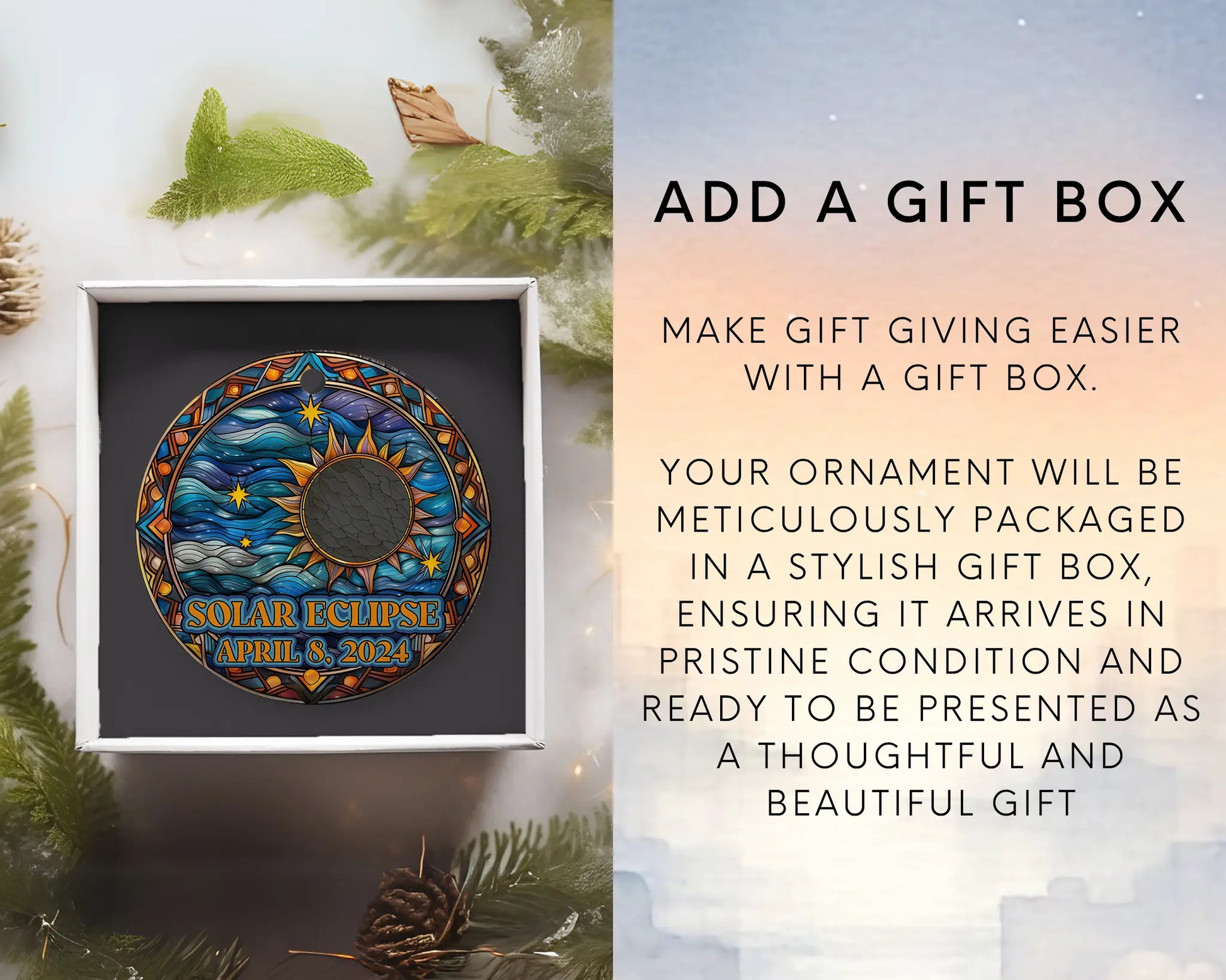 Ceramic solar eclipse 2024 ornament with celestial design – space-themed gift or keepsake. Add gift box