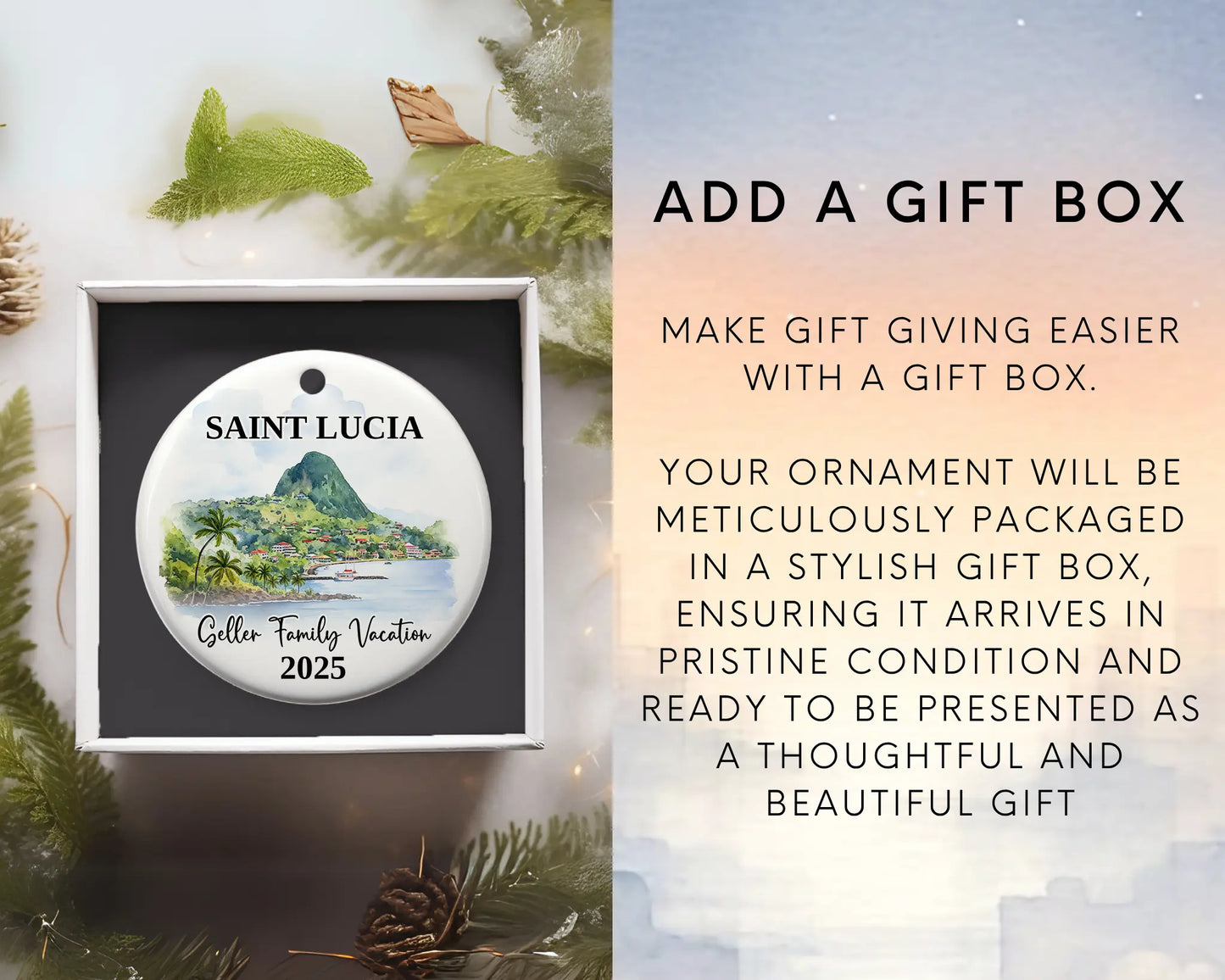 Custom vacation Saint Lucia ceramic photo ornament with personalized message – handmade Christmas bauble, gift souvenir, or vacation keepsake. Add gift box