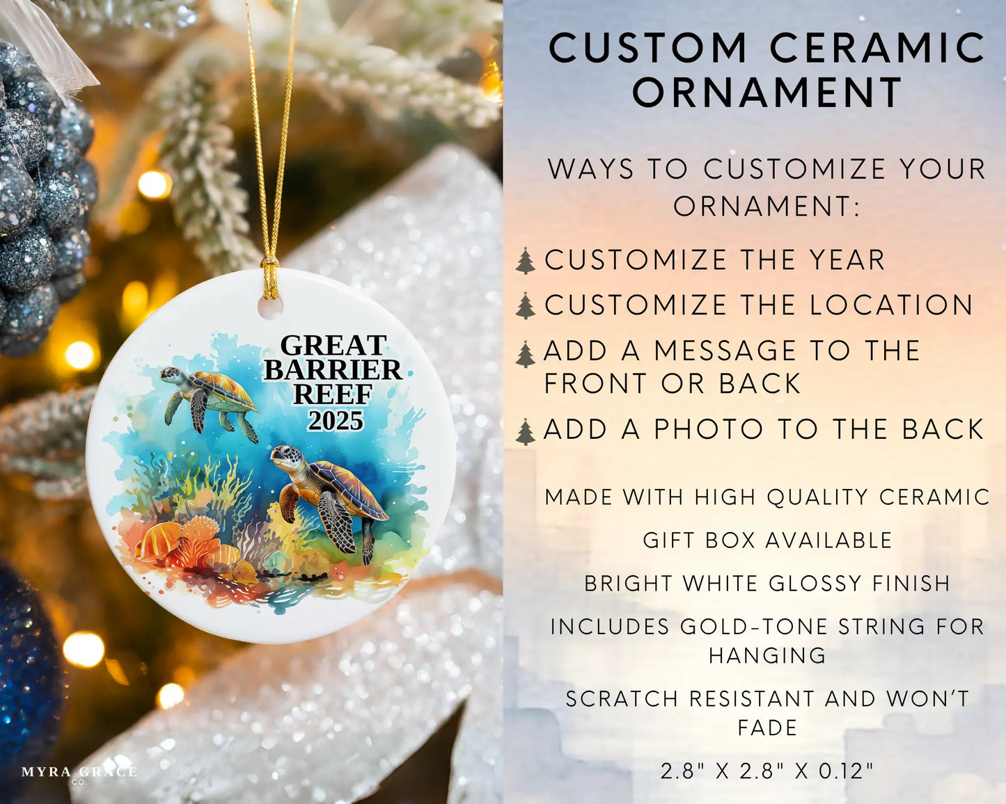 Custom Great Barrier Reef ceramic photo ornament with personalized message – handmade Christmas bauble, gift souvenir, or vacation keepsake.  infographic