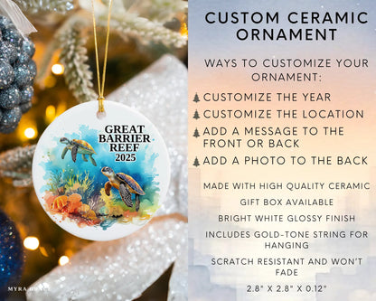 Custom Great Barrier Reef ceramic photo ornament with personalized message – handmade Christmas bauble, gift souvenir, or vacation keepsake.  infographic