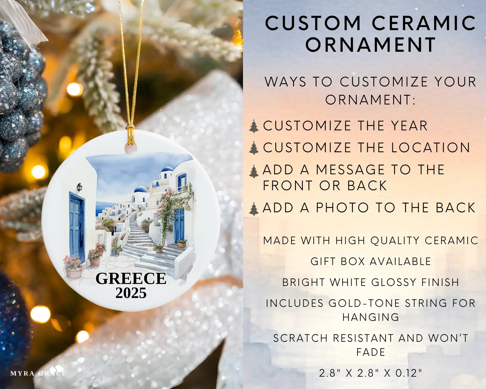 Custom Santorini Greece ceramic photo ornament with personalized message – handmade Christmas bauble, gift souvenir, or vacation keepsake.  infographic