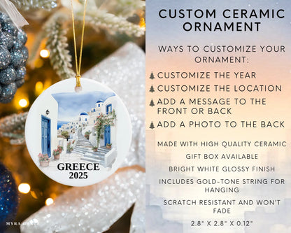 Custom Santorini Greece ceramic photo ornament with personalized message – handmade Christmas bauble, gift souvenir, or vacation keepsake.  infographic