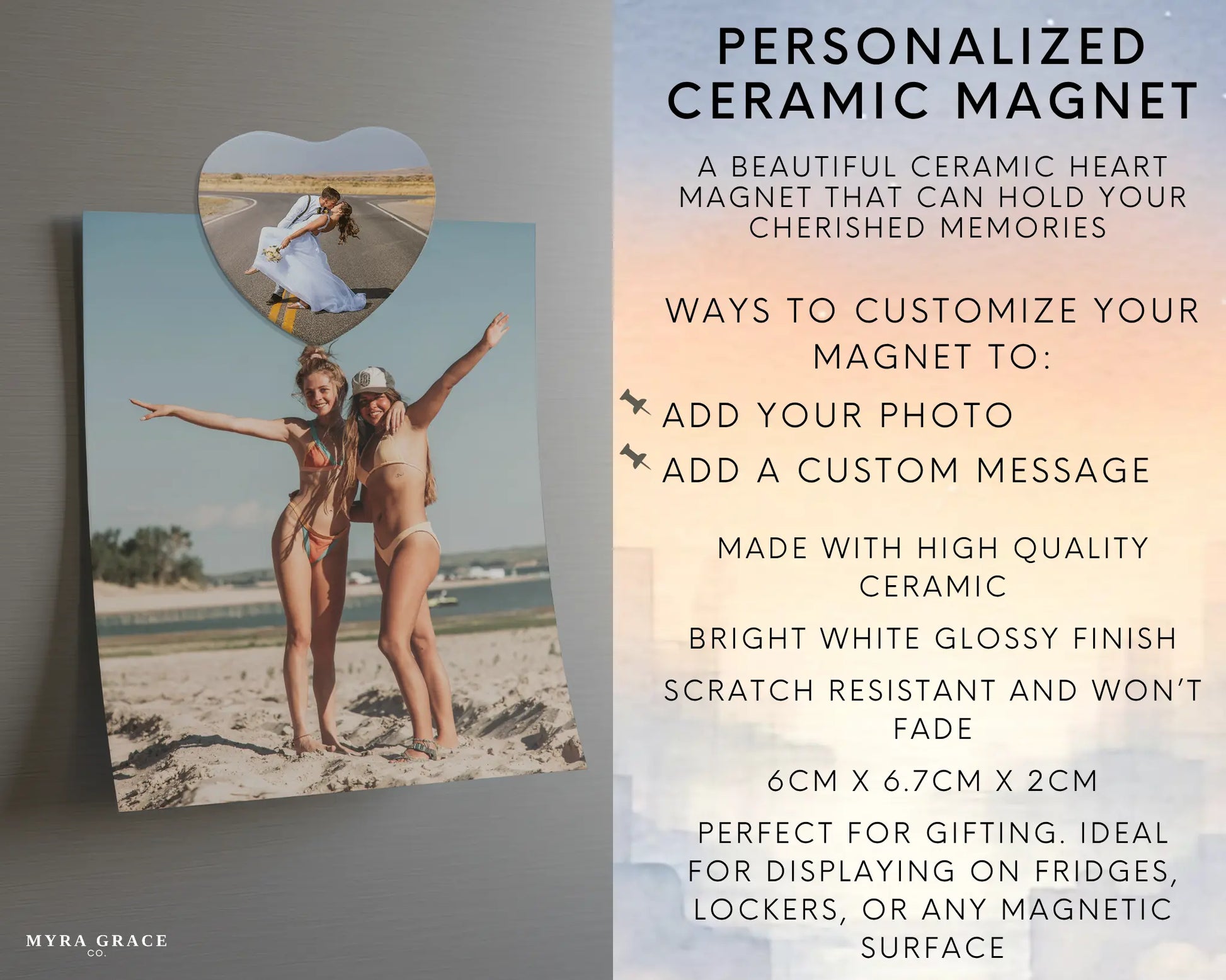 Heart-shaped custom Wedding ceramic photo magnet on fridge – handmade personalized gift or Christmas fridge magnet. Infographic