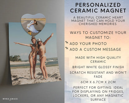 Heart-shaped custom Wedding ceramic photo magnet on fridge – handmade personalized gift or Christmas fridge magnet. Infographic