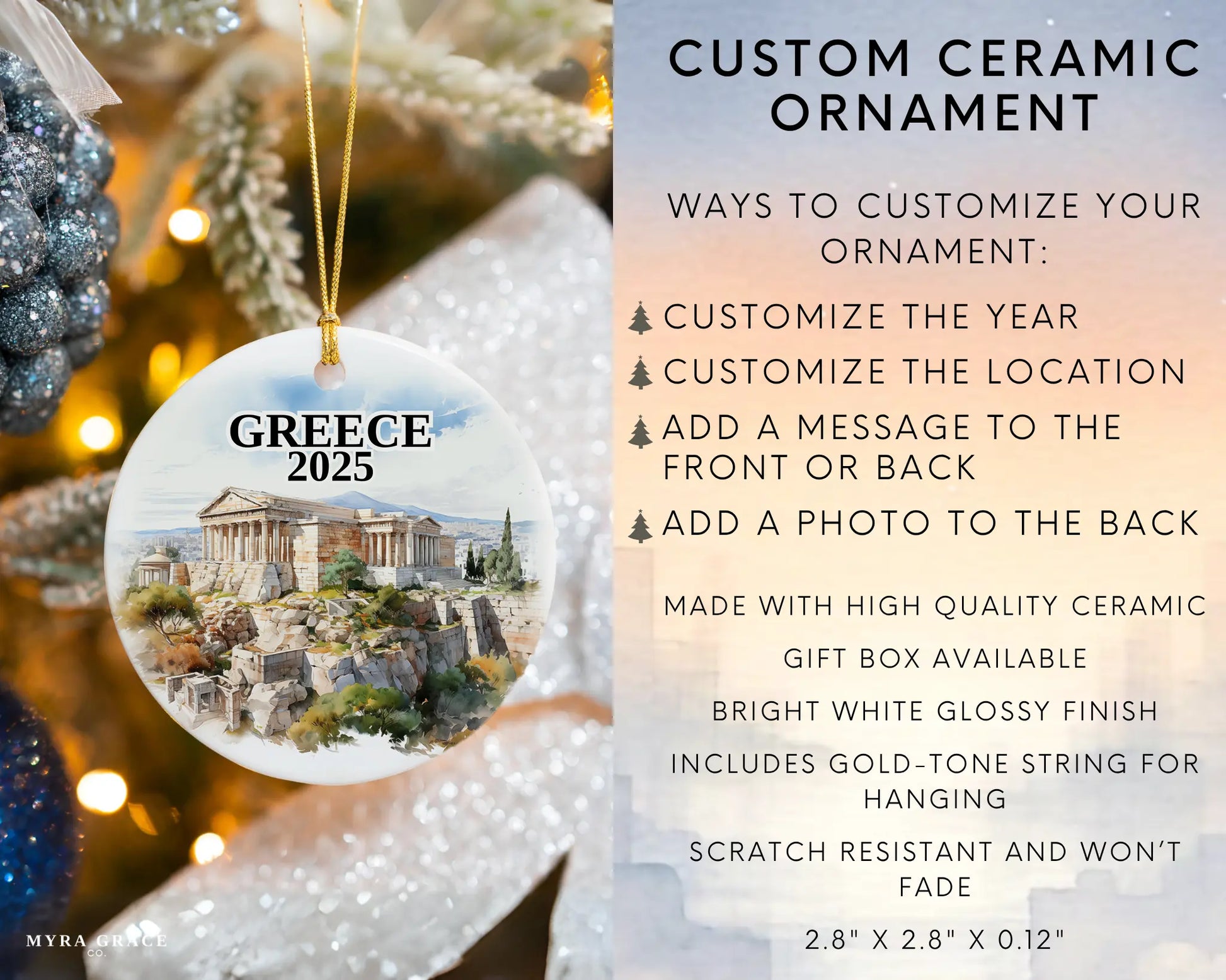 Custom Athens Greece ceramic photo ornament with personalized message – handmade Christmas bauble, gift souvenir, or vacation keepsake.  infographic
