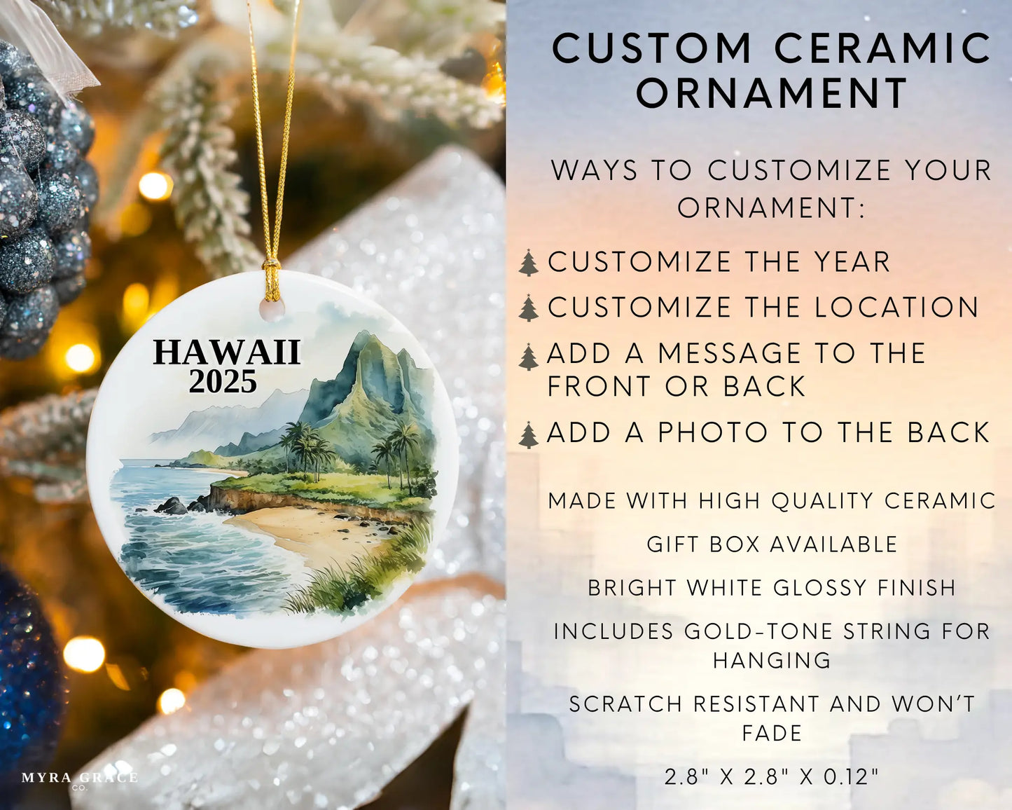 Custom Kauai Hawaii ceramic photo ornament with personalized message – handmade Christmas bauble, gift souvenir, or vacation keepsake.  infographic