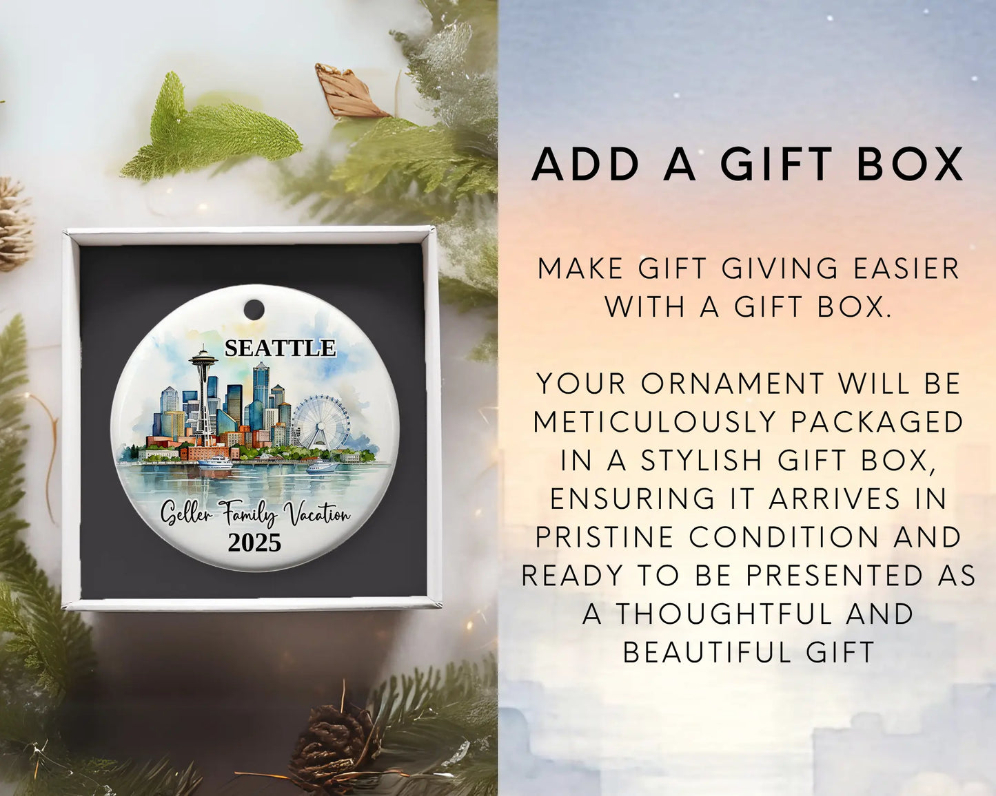 Custom vacation Seattle ceramic photo ornament with personalized message – handmade Christmas bauble, gift souvenir, or vacation keepsake. Add gift box