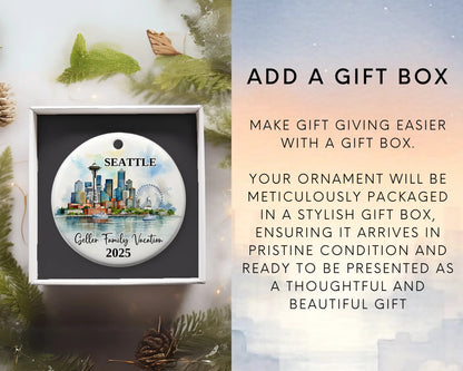 Custom vacation Seattle ceramic photo ornament with personalized message – handmade Christmas bauble, gift souvenir, or vacation keepsake. Add gift box