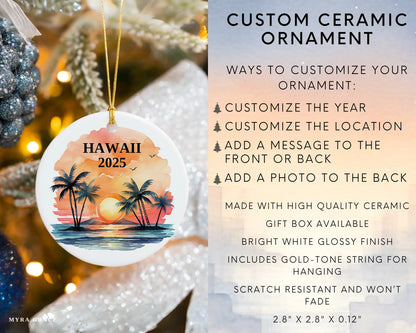 Custom Hawaii ceramic photo ornament with personalized message – handmade Christmas bauble, gift souvenir, or vacation keepsake.  infographic