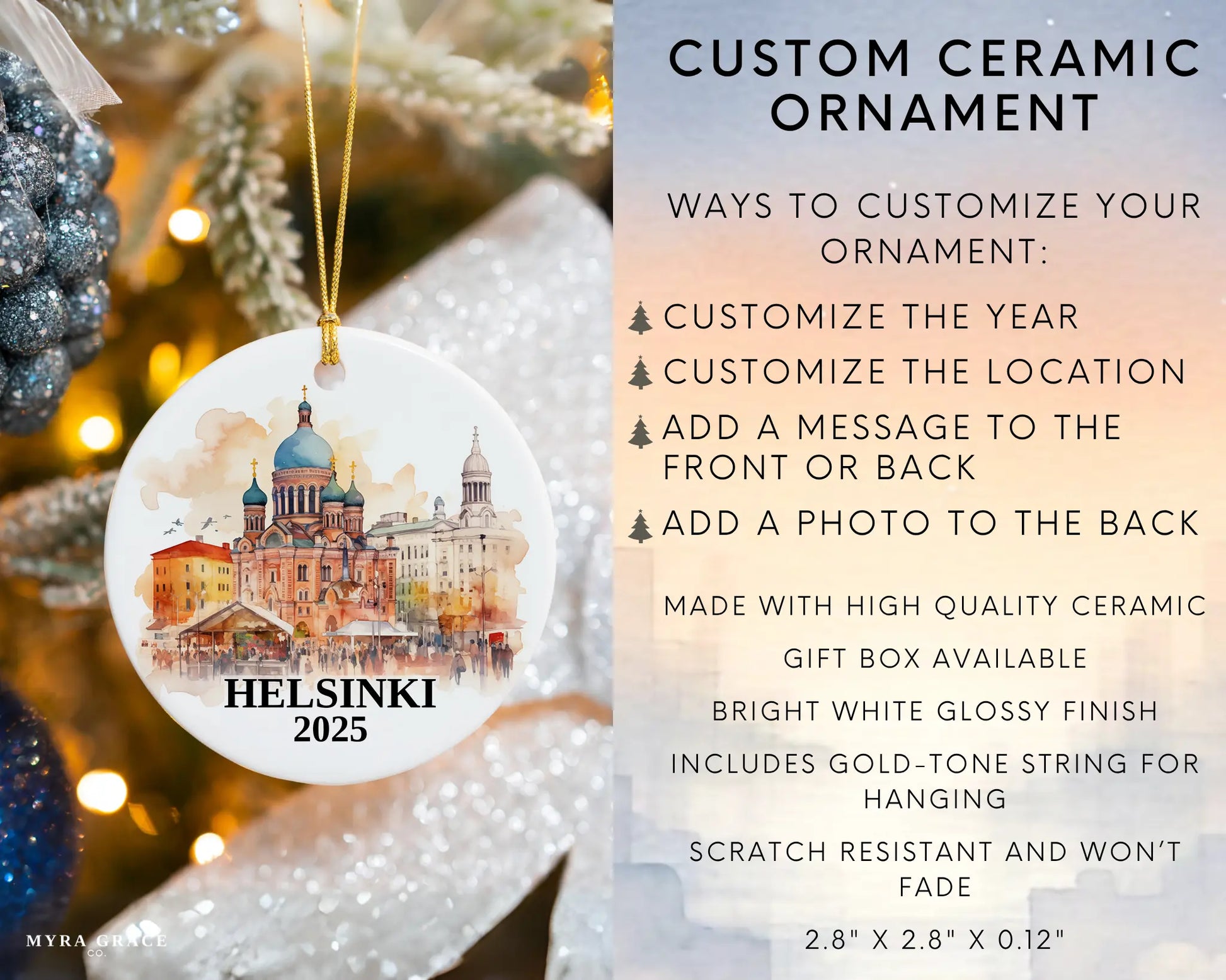 Custom Helsinki Finland ceramic photo ornament with personalized message – handmade Christmas bauble, gift souvenir, or vacation keepsake.  infographic