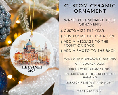Custom Helsinki Finland ceramic photo ornament with personalized message – handmade Christmas bauble, gift souvenir, or vacation keepsake.  infographic