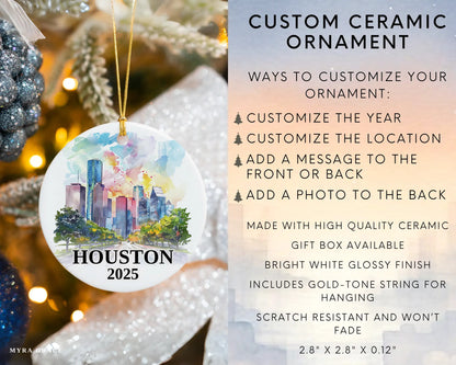 Custom Houston Texas ceramic photo ornament with personalized message – handmade Christmas bauble, gift souvenir, or vacation keepsake.  infographic