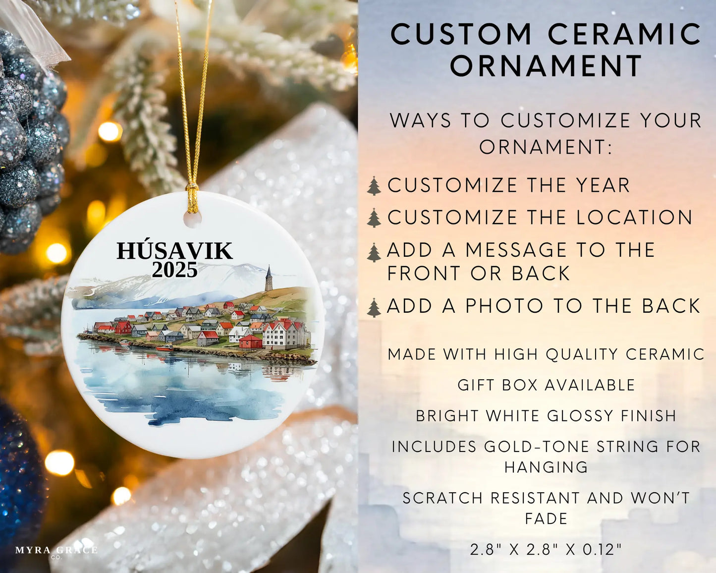 Custom Husavik Iceland ceramic photo ornament with personalized message – handmade Christmas bauble, gift souvenir, or vacation keepsake.  infographic