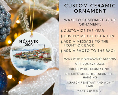 Custom Husavik Iceland ceramic photo ornament with personalized message – handmade Christmas bauble, gift souvenir, or vacation keepsake.  infographic