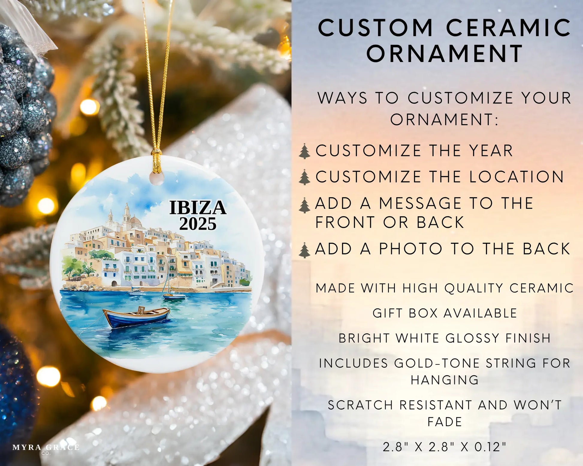Custom Ibiza Spain ceramic photo ornament with personalized message – handmade Christmas bauble, gift souvenir, or vacation keepsake.  infographic