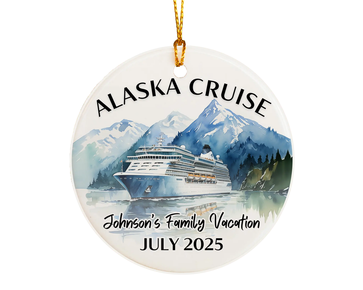 Handmade ceramic Alaska cruise ornament with personalized location and photo – custom Christmas bauble or cruise vacation souvenir.