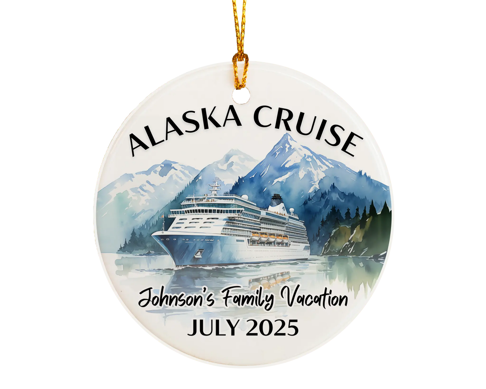 Handmade ceramic Alaska cruise ornament with personalized location and photo – custom Christmas bauble or cruise vacation souvenir.