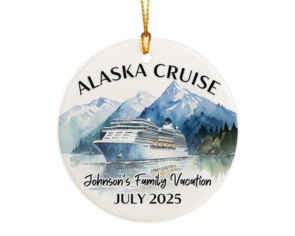 Handmade ceramic Alaska cruise ornament with personalized location and photo – custom Christmas bauble or cruise vacation souvenir.