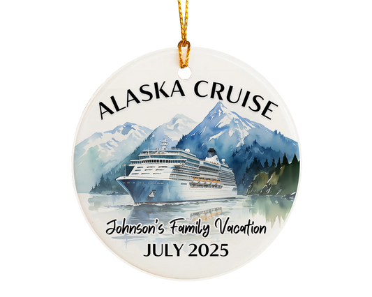 Handmade ceramic Alaska cruise ornament with personalized location and photo – custom Christmas bauble or cruise vacation souvenir.