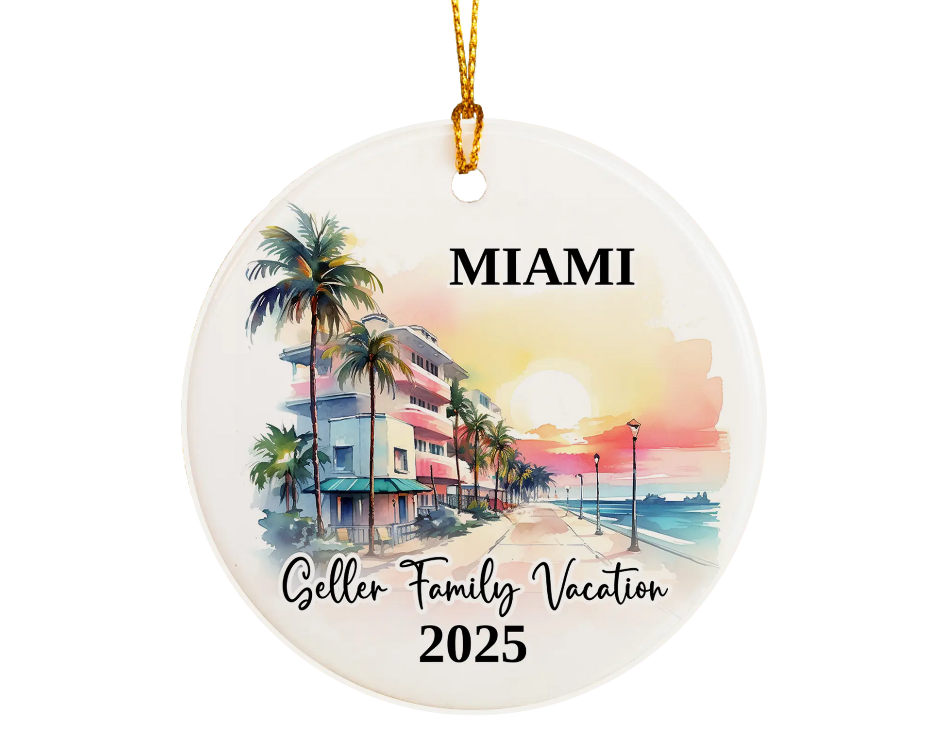 Custom vacation Miami Florida ceramic photo ornament with personalized message – handmade Christmas bauble, gift souvenir, or vacation keepsake. 