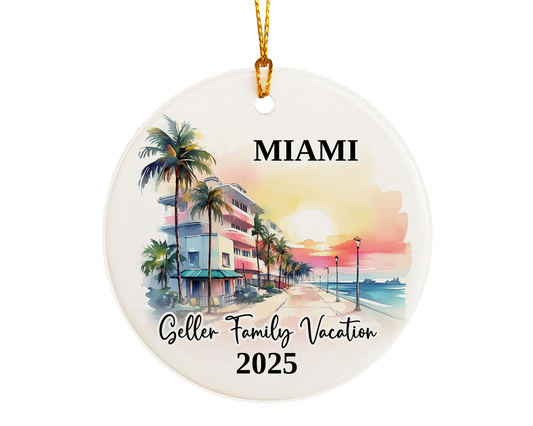 Custom vacation Miami Florida ceramic photo ornament with personalized message – handmade Christmas bauble, gift souvenir, or vacation keepsake. 