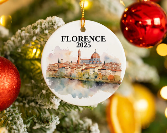 Custom Florence Italy ceramic photo ornament with personalized message – handmade Christmas bauble, gift souvenir, or vacation keepsake.  