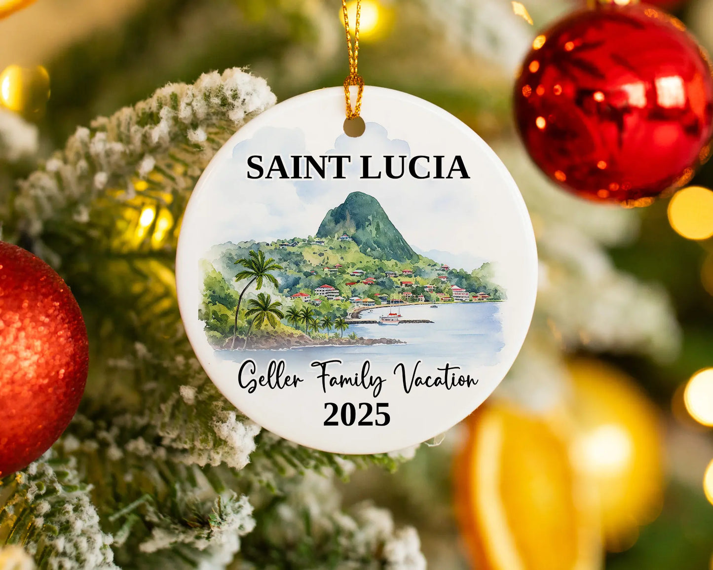 Custom vacation Saint Lucia ceramic photo ornament with personalized message – handmade Christmas bauble, gift souvenir, or vacation keepsake. 