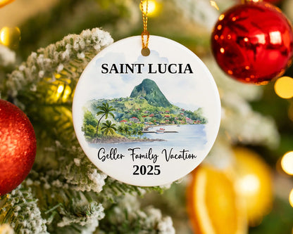 Custom vacation Saint Lucia ceramic photo ornament with personalized message – handmade Christmas bauble, gift souvenir, or vacation keepsake. 