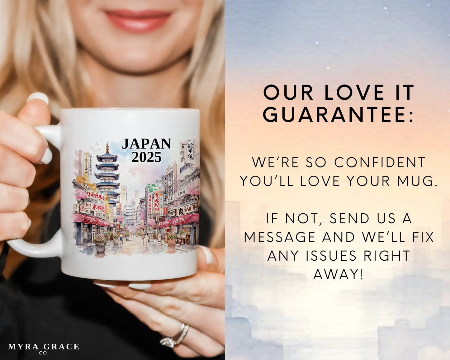 Custom ceramic Japan vacation mug with watercolor location design, date, and personal photo – personalized travel gift or photo mug. Love it guarantee