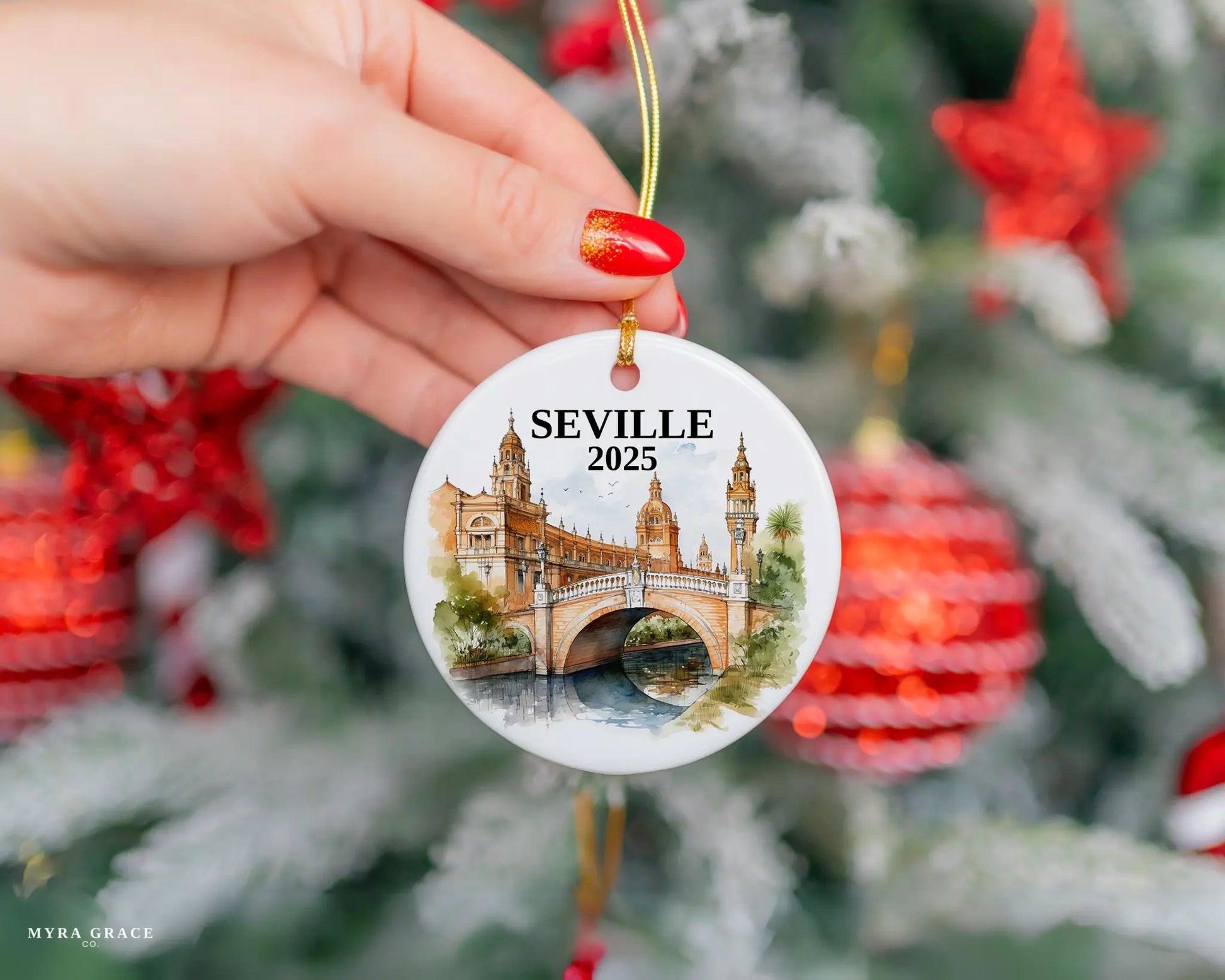 Seville Spain Ornament Custom Gift Souvenir Bauble. Custom Seville Spain ceramic photo ornament with personalized message – handmade Christmas bauble, gift souvenir, or vacation keepsake.  