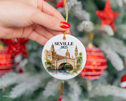 Seville Spain Ornament Custom Gift Souvenir Bauble. Custom Seville Spain ceramic photo ornament with personalized message – handmade Christmas bauble, gift souvenir, or vacation keepsake.  