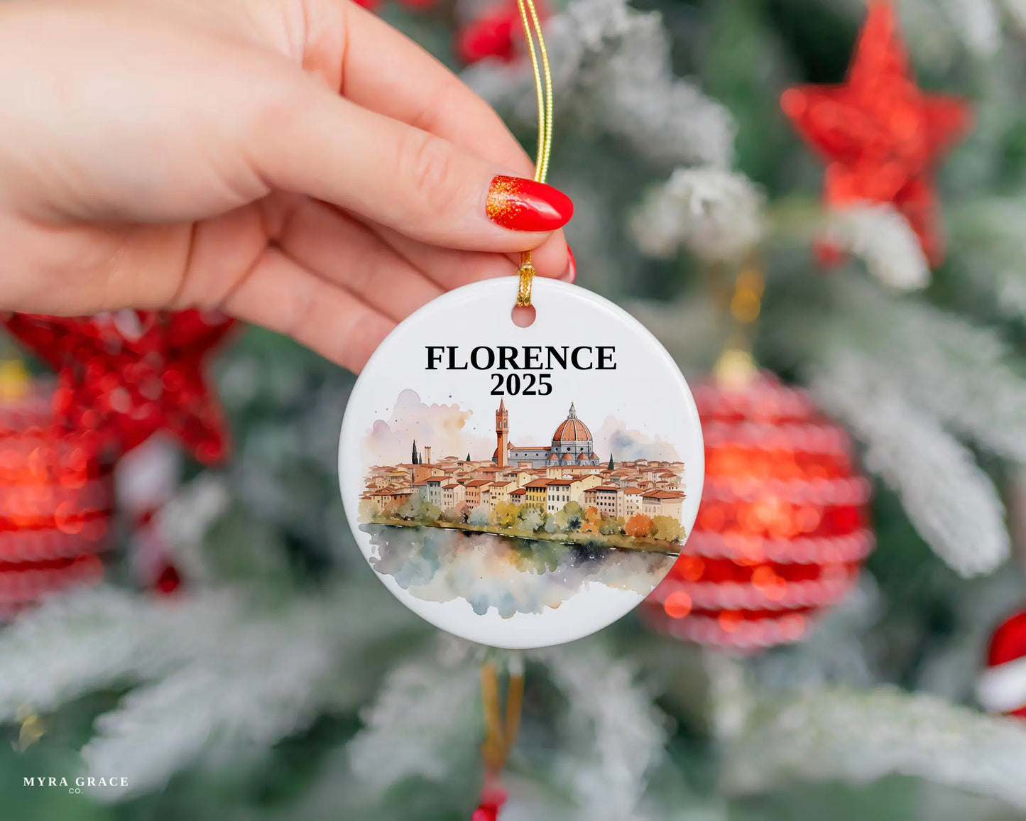 Custom Florence Italy ceramic photo ornament with personalized message – handmade Christmas bauble, gift souvenir, or vacation keepsake.  