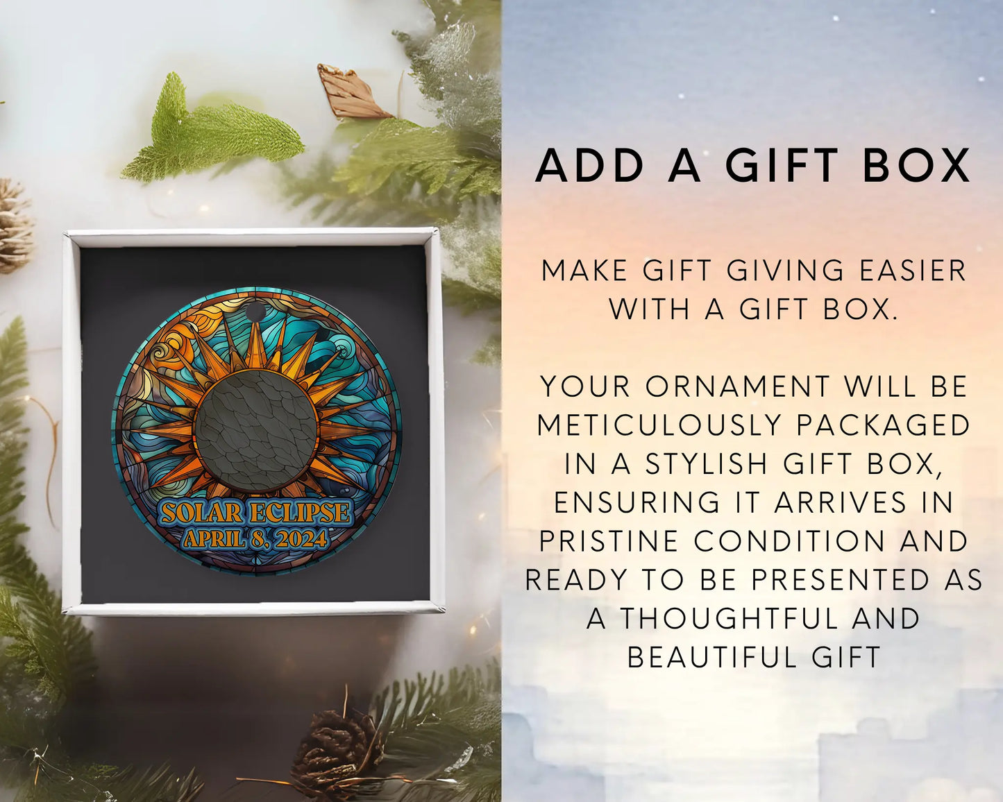 Ceramic solar eclipse 2024 ornament with celestial design – space-themed gift or keepsake. Add gift box