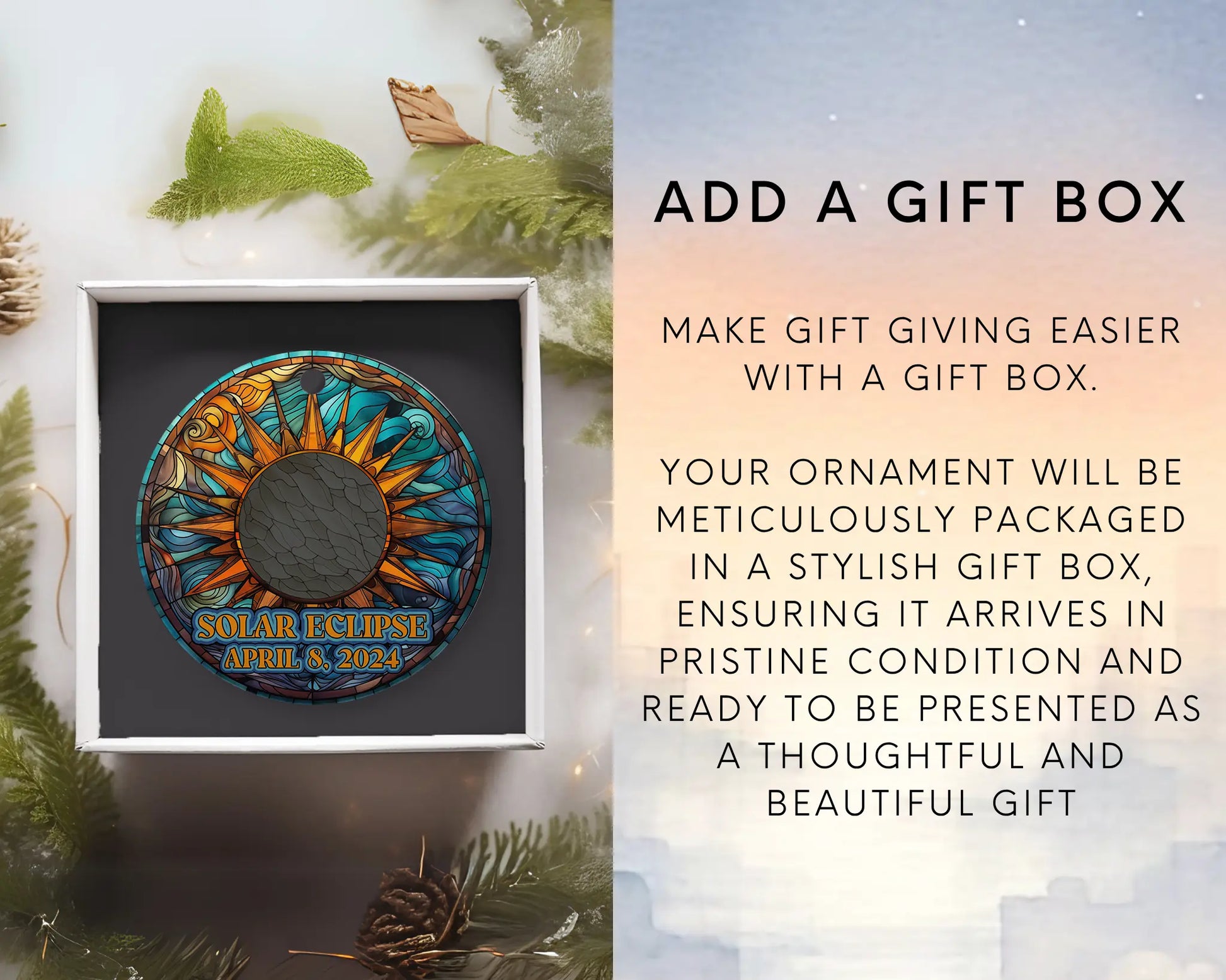 Ceramic solar eclipse 2024 ornament with celestial design – space-themed gift or keepsake. Add gift box
